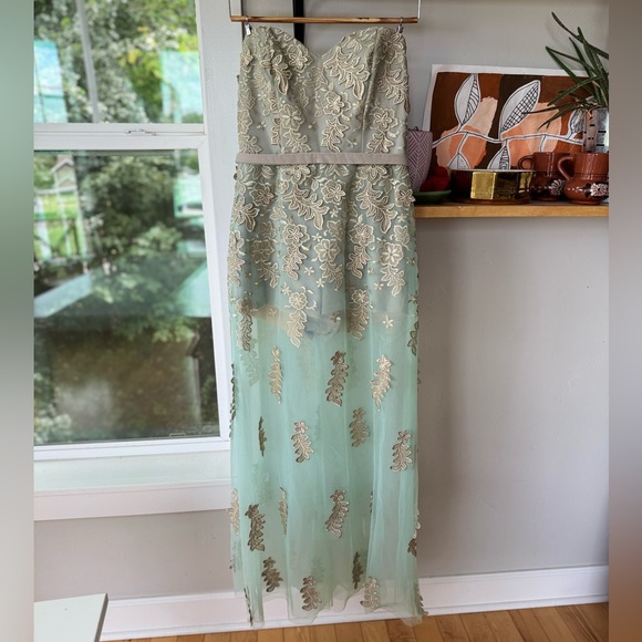 Crystal Doll Sea Green Gold Sheer Mesh Strapless Dress with Shorts Sz 9 - Picture 1 of 13